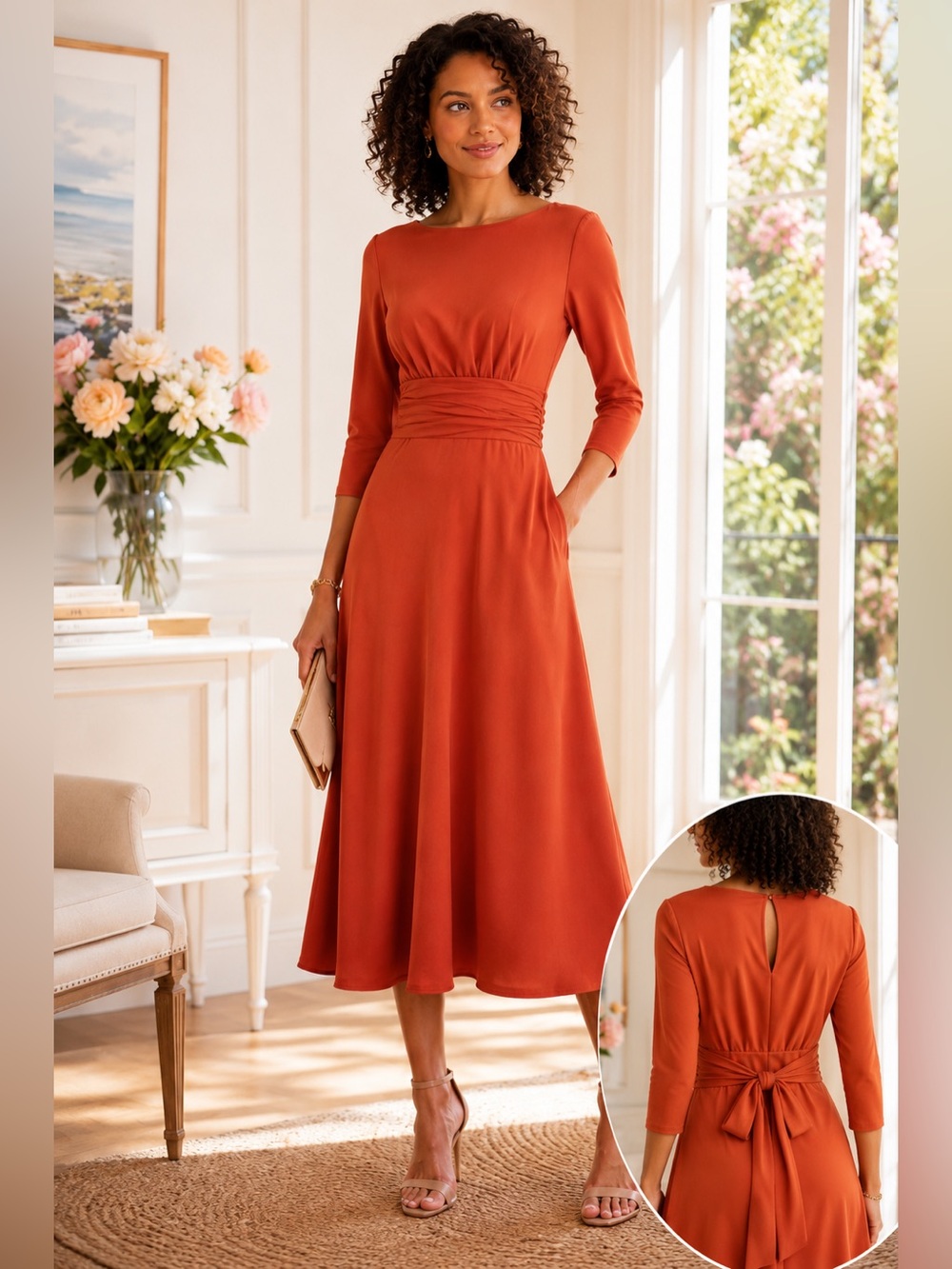 JULIA JORDAN Orange Three Quarter A-Line Midi Dress Boat Neck Waist Tie Modest